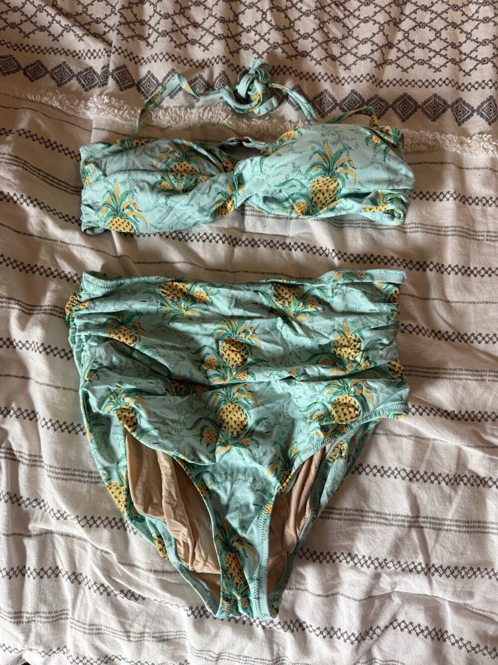 Anthropologie Bikini Teal Pineapple High-Waist Halter Top Bandeau Small
